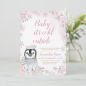 ピンクシルバーペンギン赤ちゃんシャワー 招待状 (スタンド正面)