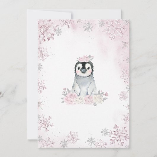 ピンクシルバーペンギン赤ちゃんシャワー 招待状 (裏面)