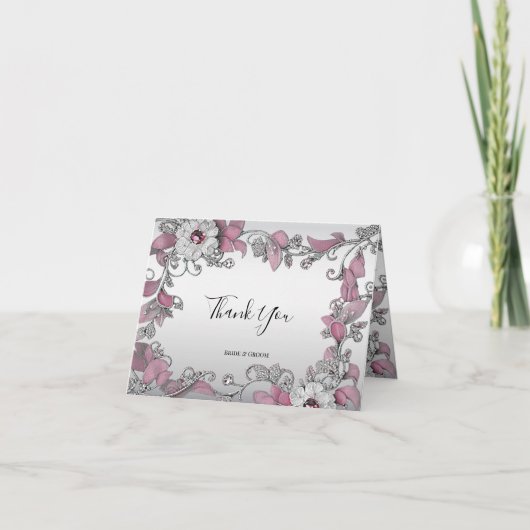 ピンクシルバーホワイトフローラサンキューカード サンキューカード (正面)