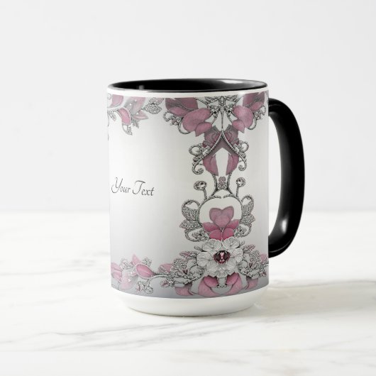 ピンクシルバーホワイトフローラマグ マグカップ (正面右)