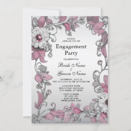 ピンクシルバーホワイトフローラ婚約 招待状