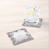 ピンクシルバーホワイトフローラ紙コースター スクエアペーパーコースター (インサイチュ)