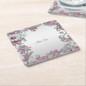 ピンクシルバーホワイトフローラ紙コースター スクエアペーパーコースター (アングル)