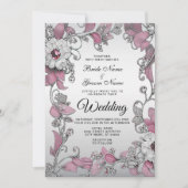 ピンクシルバーホワイトフローラ結婚式招待状 招待状 (正面)