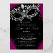 ピンクシルバーマスカレードマスクスターキンセアニェラ 箔招待状 (正面)