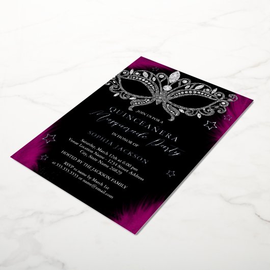 ピンクシルバーマスカレードマスクスターキンセアニェラ 箔招待状 (回転した状態)