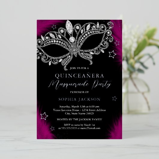 ピンクシルバーマスカレードマスクスターキンセアニェラ 箔招待状 (立ち正面)