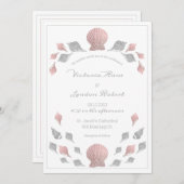 ピンクシルバーメタリックシーシェルビーチ結婚式 招待状 (正面/裏面)