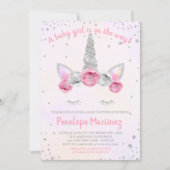 ピンクシルバーユニコーン顔ベビーシャワー招待状 招待状 (正面)