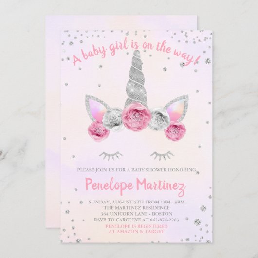 ピンクシルバーユニコーン顔ベビーシャワー招待状 招待状 (正面/裏面)