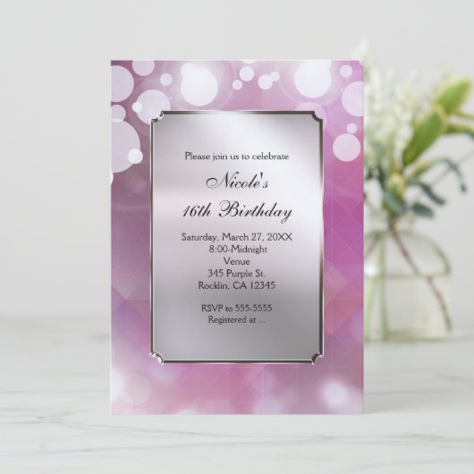 ピンクシルバーライツグラムバースデーパーティ招待状 招待状 (スタンド正面)