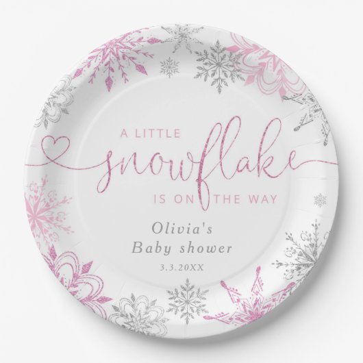ピンクシルバー小さなスノーフレークの赤ちゃんシャワー ペーパープレート (正面)
