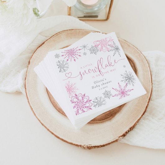 ピンクシルバー小さな雪片の赤ちゃんシャワー スタンダードカクテルナプキン