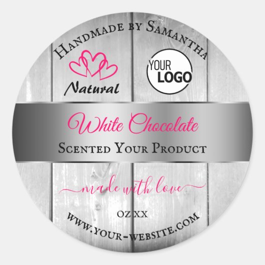 ピンクシルバー白木目の製品ラベルのロゴ ラウンドシール (正面)