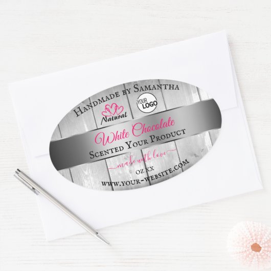ピンクシルバー白木目の製品ラベルのロゴ 楕円形シール (封筒)