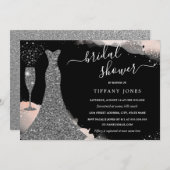 ピンクシルバー結婚ズドレススパークルブライダルシャワー 招待状 (正面/裏面)
