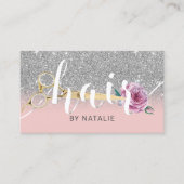 ピンクシルバー美容師シザーフラワータイポグラフィ 名刺 (正面)