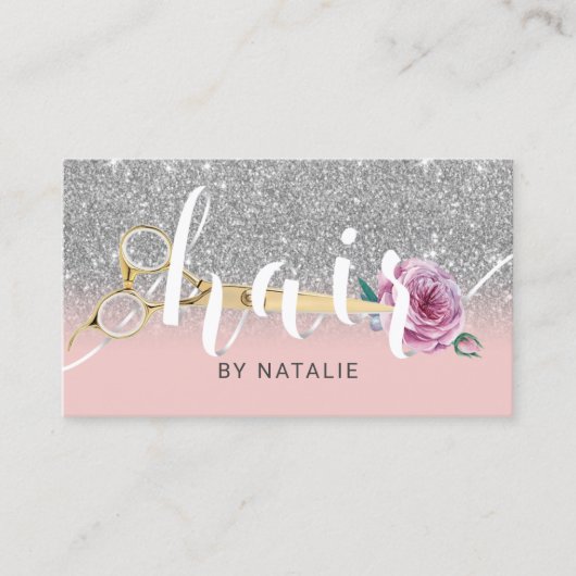 ピンクシルバー美容師シザーフラワータイポグラフィ 名刺 (正面)