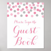 ピンクシルバー赤ちゃんシャワーのゲストブックサイン ポスター (正面)