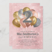 ピンクシルバー金ゴールドバルーン女の子の2歳の誕生日 招待状 (正面/裏面)