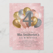ピンクシルバー金ゴールドバルーン女の子の4歳の誕生日 招待状 (正面/裏面)