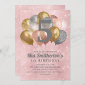 ピンクシルバー金ゴールドバルーン女の子の5誕生日 招待状 (正面/裏面)