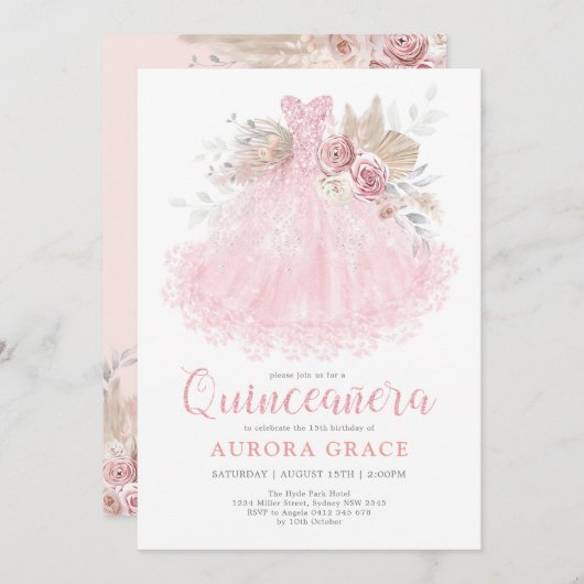 ピンクシルバー キンセアニエラドレス 私のキンセア 15歳 招待状 (正面/裏面)