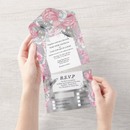 ピンクシルバー バタフライ シマー グリッター ブラッシュ ローズ オールインワン招待状