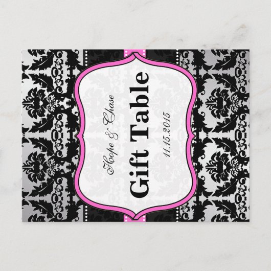 ピンクシルバー＆ブラックダマスクテーブルナンバーカード ポストカード (正面)