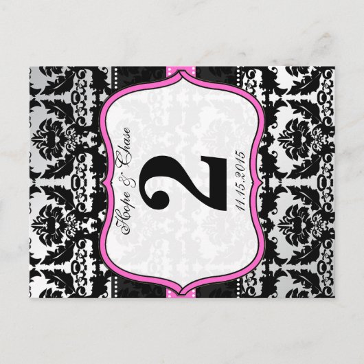 ピンクシルバー&ブラックダマスコテーブルナンバーカード ポストカード (正面)