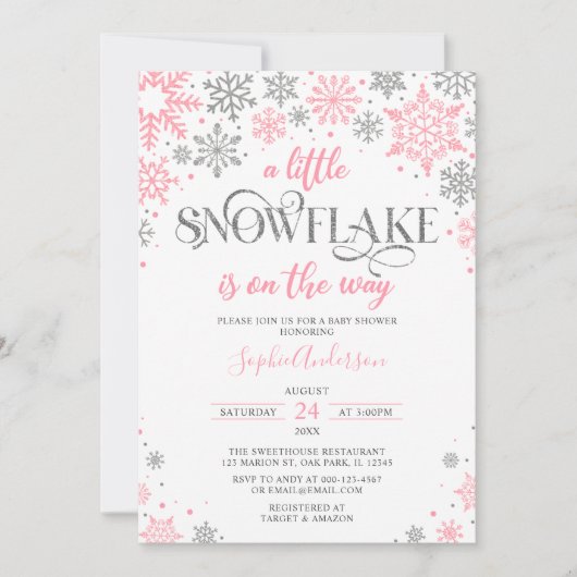 ピンクシルバーA少し雪片の冬のベビーシャワー 招待状 (正面)