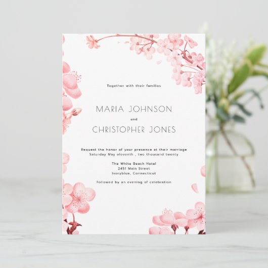 ピンクシンプルさくらんぼフローラ結婚ズ 招待状 (スタンド正面)