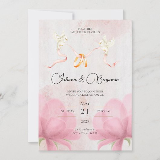 ピンクシンプルのフローラとエレガントなウェディング招待状 招待状 (正面)