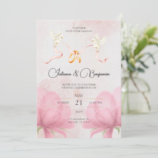 ピンクシンプルのフローラとエレガントなウェディング招待状 招待状 (スタンド正面)