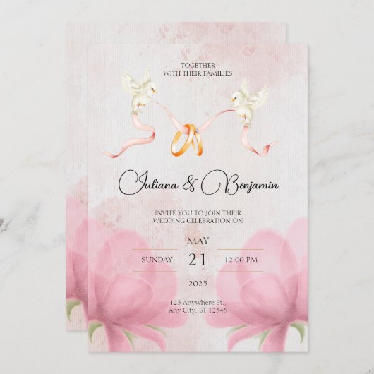 ピンクシンプルのフローラとエレガントなウェディング招待状 招待状 (正面/裏面)