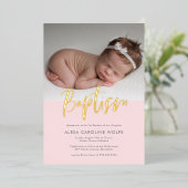 ピンクシンプルの書モダン道バプテスマ写真 箔招待状 (立ち正面)