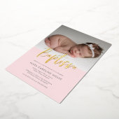 ピンクシンプルの書モダン道バプテスマ写真 箔招待状 (回転した状態)