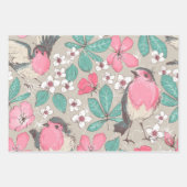 ピンクシンプルの白い花と鳥の緑 ラッピングペーパーシート (正面3)