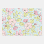 ピンクシンプルの白い花と鳥の緑 ラッピングペーパーシート (正面2)