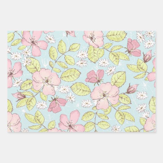 ピンクシンプルの白い花と鳥の緑 ラッピングペーパーシート (正面2)