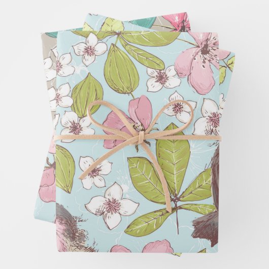 ピンクシンプルの白い花と鳥の緑 ラッピングペーパーシート (インサイチュ)