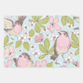 ピンクシンプルの白い花と鳥の緑 ラッピングペーパーシート (正面)
