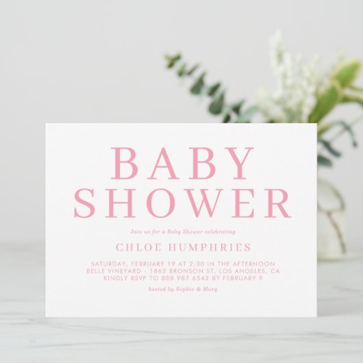ピンクシンプルタイポグラフィストライプガールベビーシャワー 招待状 (スタンド正面)