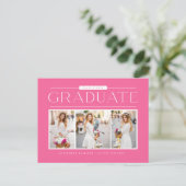 ピンクシンプルタイポグラフィフォトコラージュ卒業 ポストカード (スタンド正面)