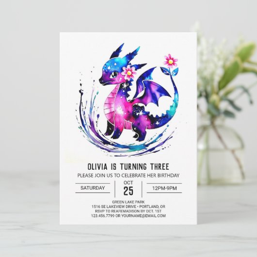 ピンクシンプルドラゴンデジタルガール誕生日 招待状 (スタンド正面)