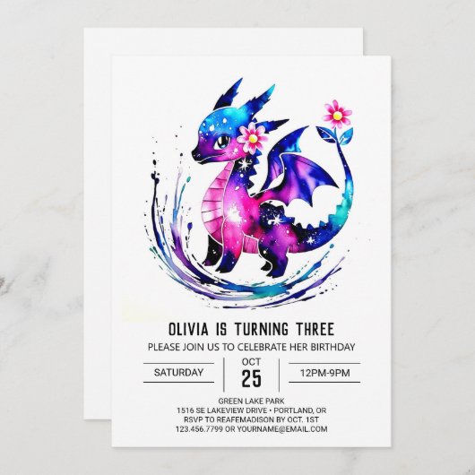 ピンクシンプルドラゴンデジタルガール誕生日 招待状 (正面/裏面)