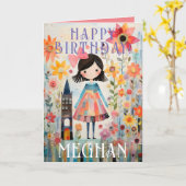 ピンクシンプルフローラガーデンハッピーバースデー カード (黄色い花)