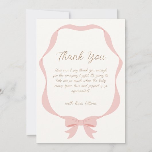 ピンクシンプルヴィンテージボウガールベビーシャワー サンキューカード (正面)