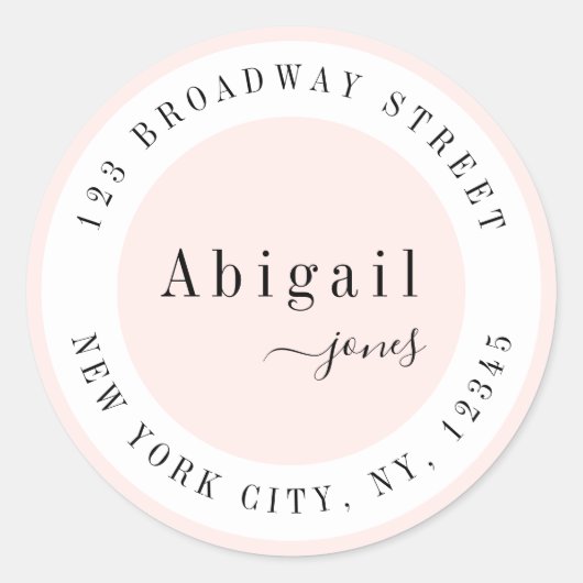 ピンクシンプル色のスクリプト名モダン差出人住所 ラウンドシール (正面)
