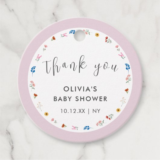 ピンクシンプル色の小さなワイルドフラワーベビーシャワーへようこそ フェイバータグ (正面)